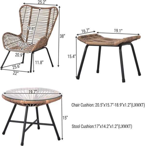 Natural Rope Woven Outdoor Lounge Chair Set with Powder-Coated Stainless Steel Frame and Black Polyester Cushions - Image 2