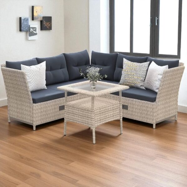Black Stainless Steel PE Rattan Outdoor Corner Sofa Set with Glass Table – Modern Patio Furniture - Image 2