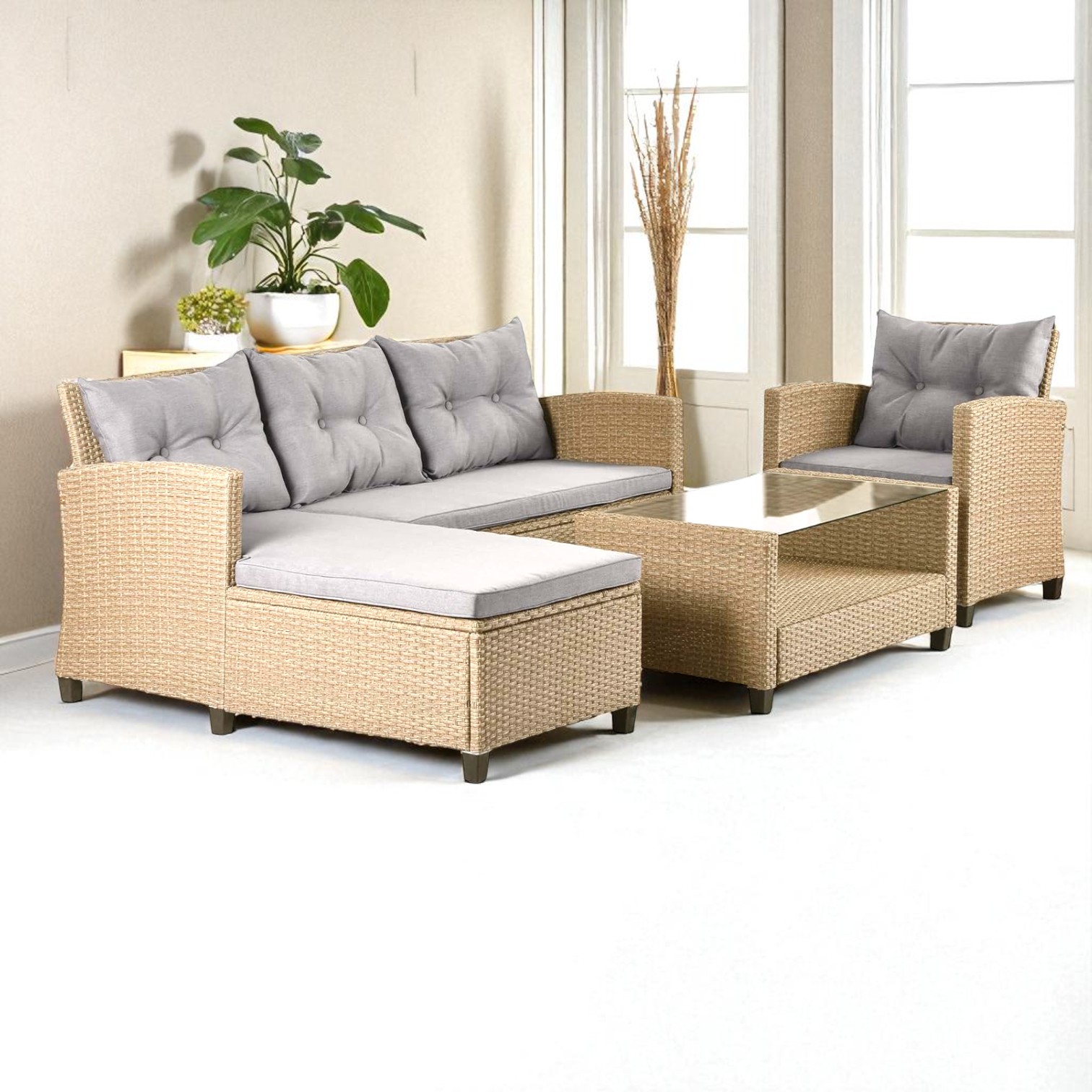 Stainless Steel PE Rattan Outdoor Sofa Set with Glass Coffee Table β 4-Piece Patio Furniture - Image 2