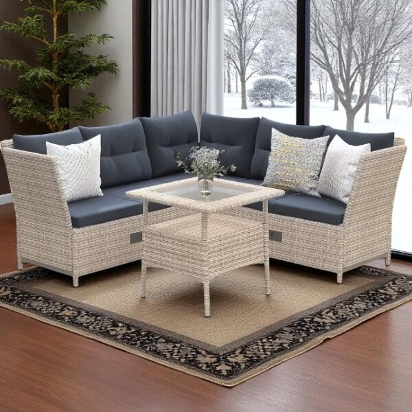 Black Stainless Steel PE Rattan Outdoor Corner Sofa Set with Glass Table – Modern Patio Furniture - Image 3