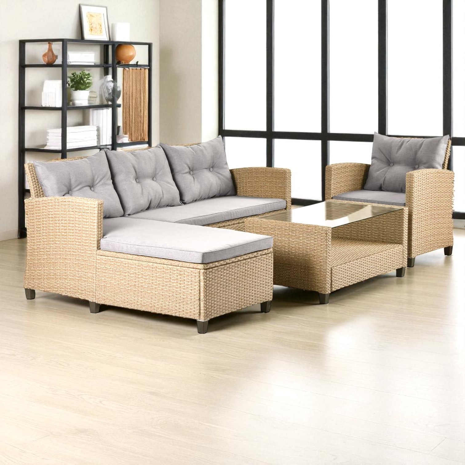 Stainless Steel PE Rattan Outdoor Sofa Set with Glass Coffee Table β 4-Piece Patio Furniture - Image 3