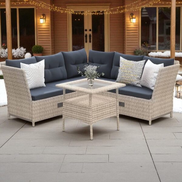 Black Stainless Steel PE Rattan Outdoor Corner Sofa Set with Glass Table – Modern Patio Furniture - Image 4