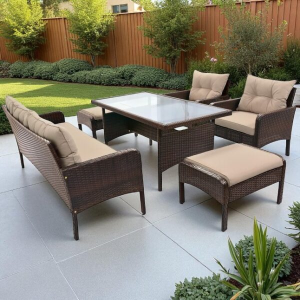 Black Stainless Steel PE Rattan Outdoor Dining Sofa Set with Glass Table – 6-Piece Patio Furniture - Image 5