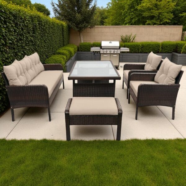 Black Stainless Steel PE Rattan Outdoor Dining Sofa Set with Glass Table – 6-Piece Patio Furniture - Image 6
