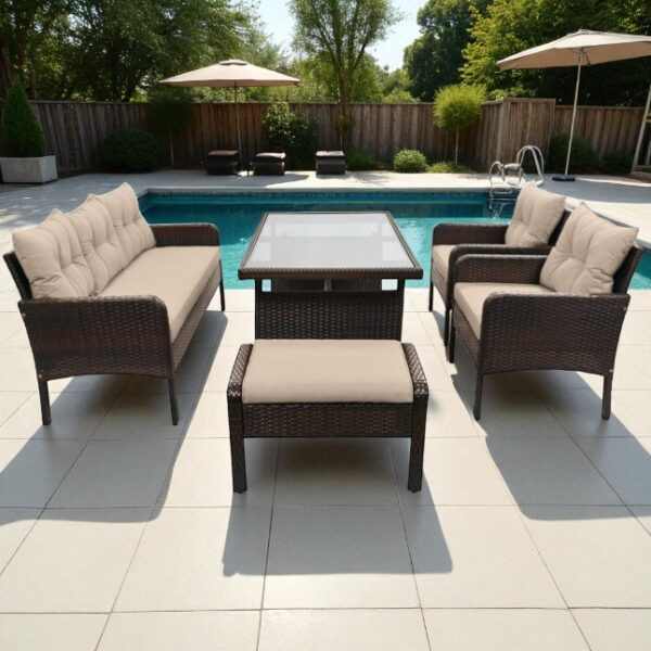 Black Stainless Steel PE Rattan Outdoor Dining Sofa Set with Glass Table – 6-Piece Patio Furniture - Image 7