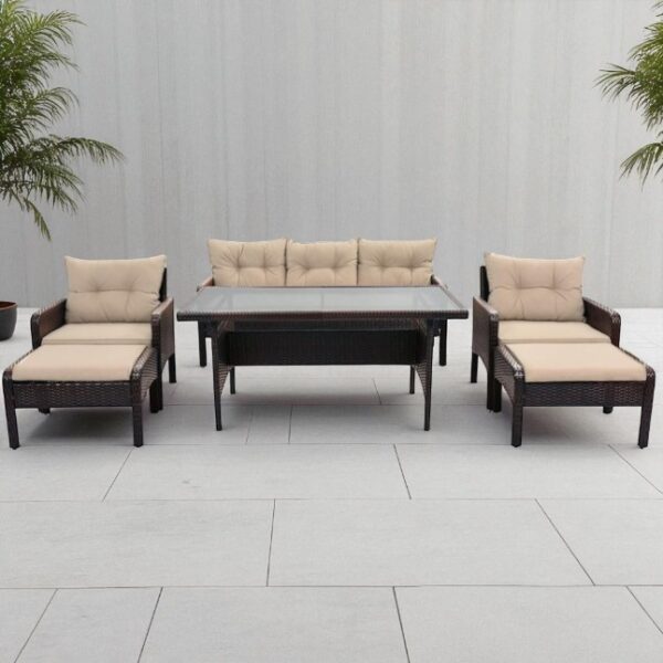 Black Stainless Steel PE Rattan Outdoor Dining Sofa Set with Glass Table – 6-Piece Patio Furniture - Image 8