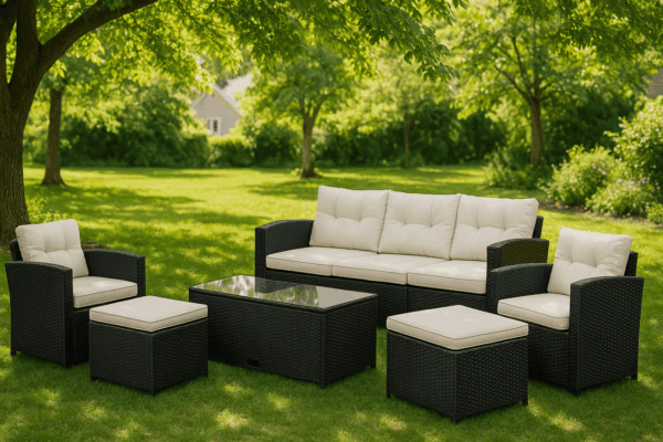 Karina Black Stainless Steel PE Rattan Outdoor Sofa Set – 6-Piece Patio Furniture with Cushions - Image 5