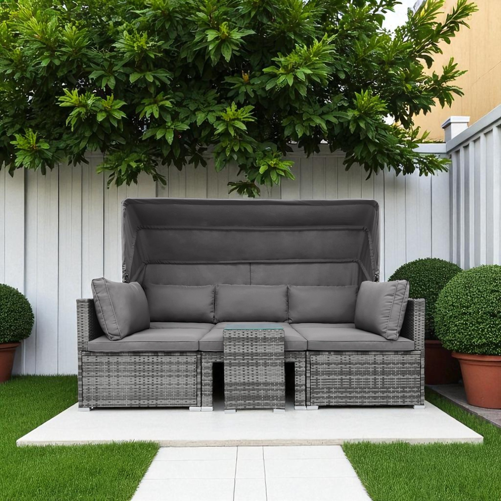 Black Stainless Steel PE Rattan Outdoor Daybed Sofa with Canopy – Modern Patio Furniture - Image 2