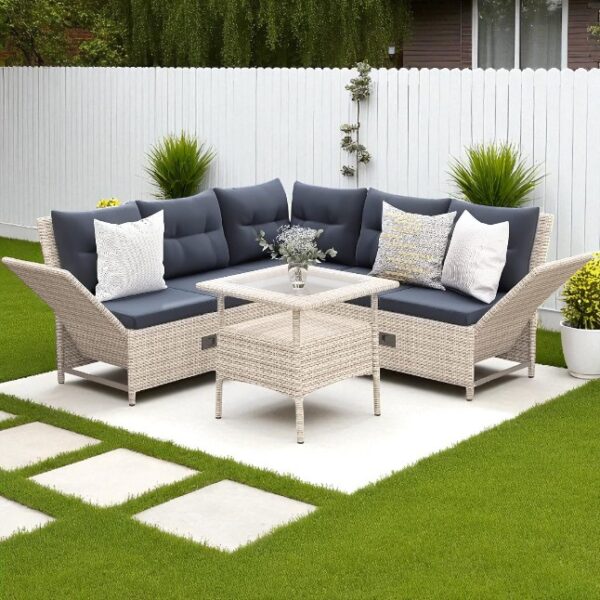 Black Stainless Steel PE Rattan Outdoor Corner Sofa Set with Glass Table – Modern Patio Furniture - Image 5