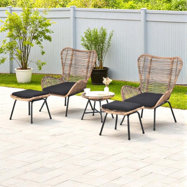 Natural Rope Woven Outdoor Lounge Chair Set with Powder-Coated Stainless Steel Frame and Black Polyester Cushions - Image 3