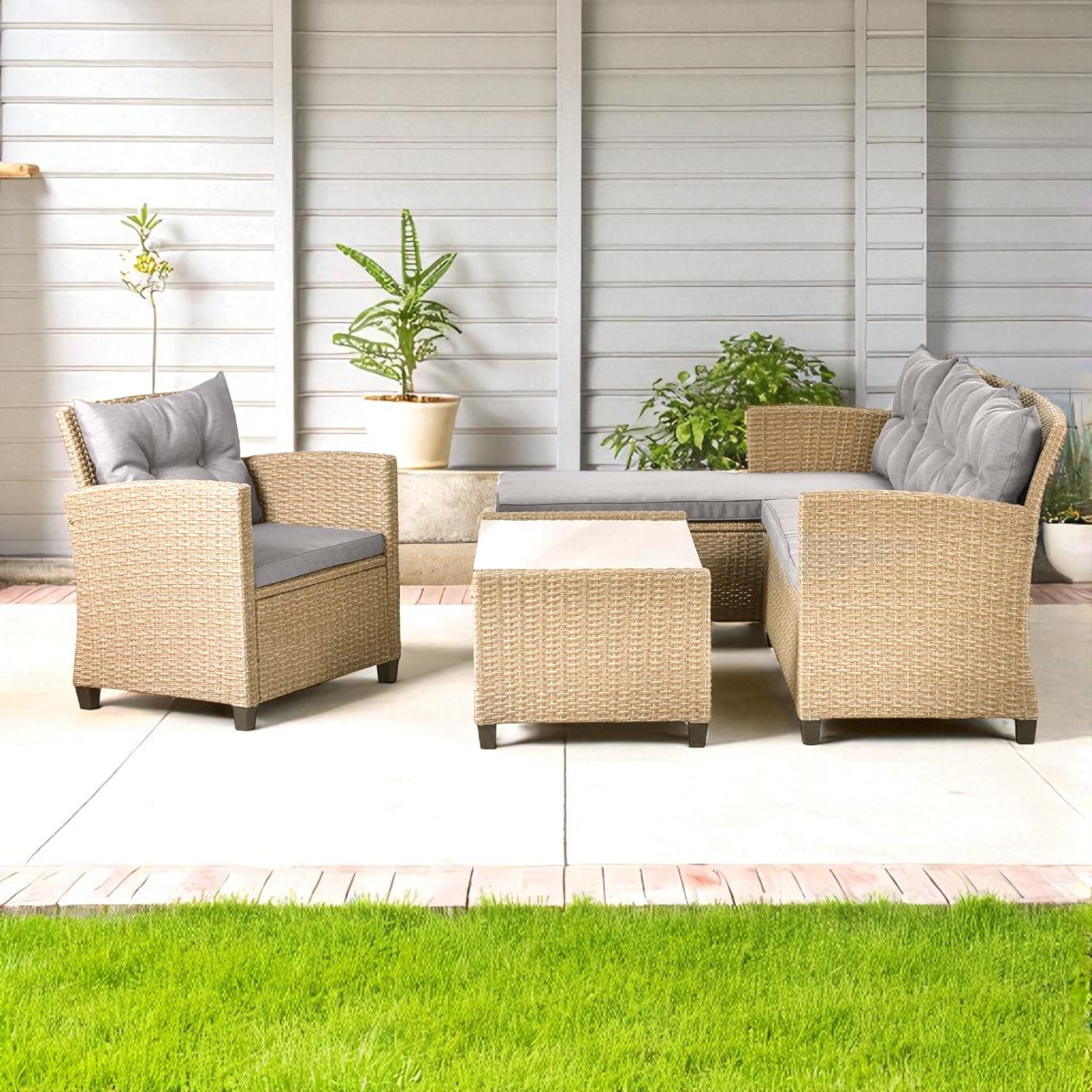 Stainless Steel PE Rattan Outdoor Sofa Set with Glass Coffee Table β 4-Piece Patio Furniture - Image 4