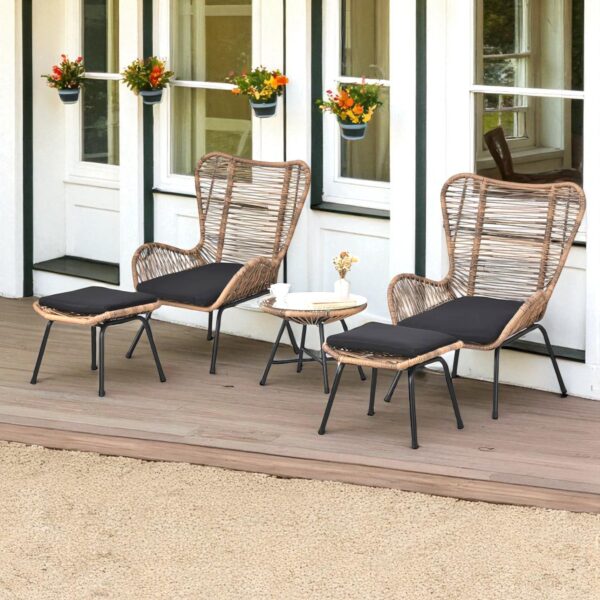 Natural Rope Woven Outdoor Lounge Chair Set with Powder-Coated Stainless Steel Frame and Black Polyester Cushions - Image 4