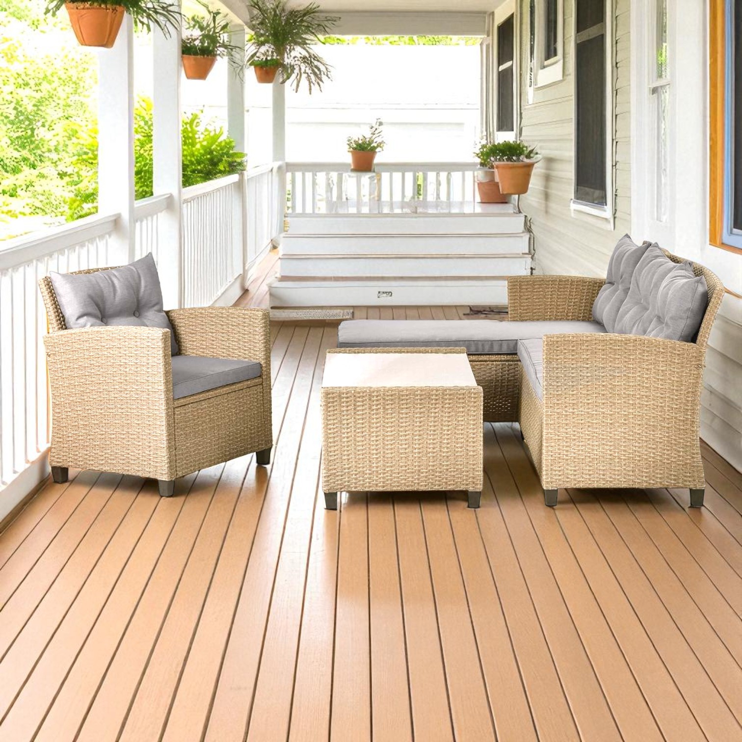 Stainless Steel PE Rattan Outdoor Sofa Set with Glass Coffee Table β 4-Piece Patio Furniture - Image 5