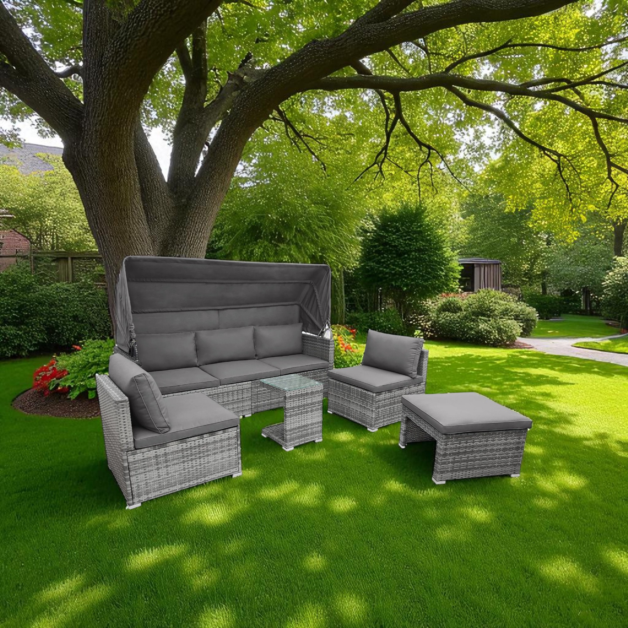 Black Stainless Steel PE Rattan Outdoor Daybed Sofa with Canopy – Modern Patio Furniture - Image 3