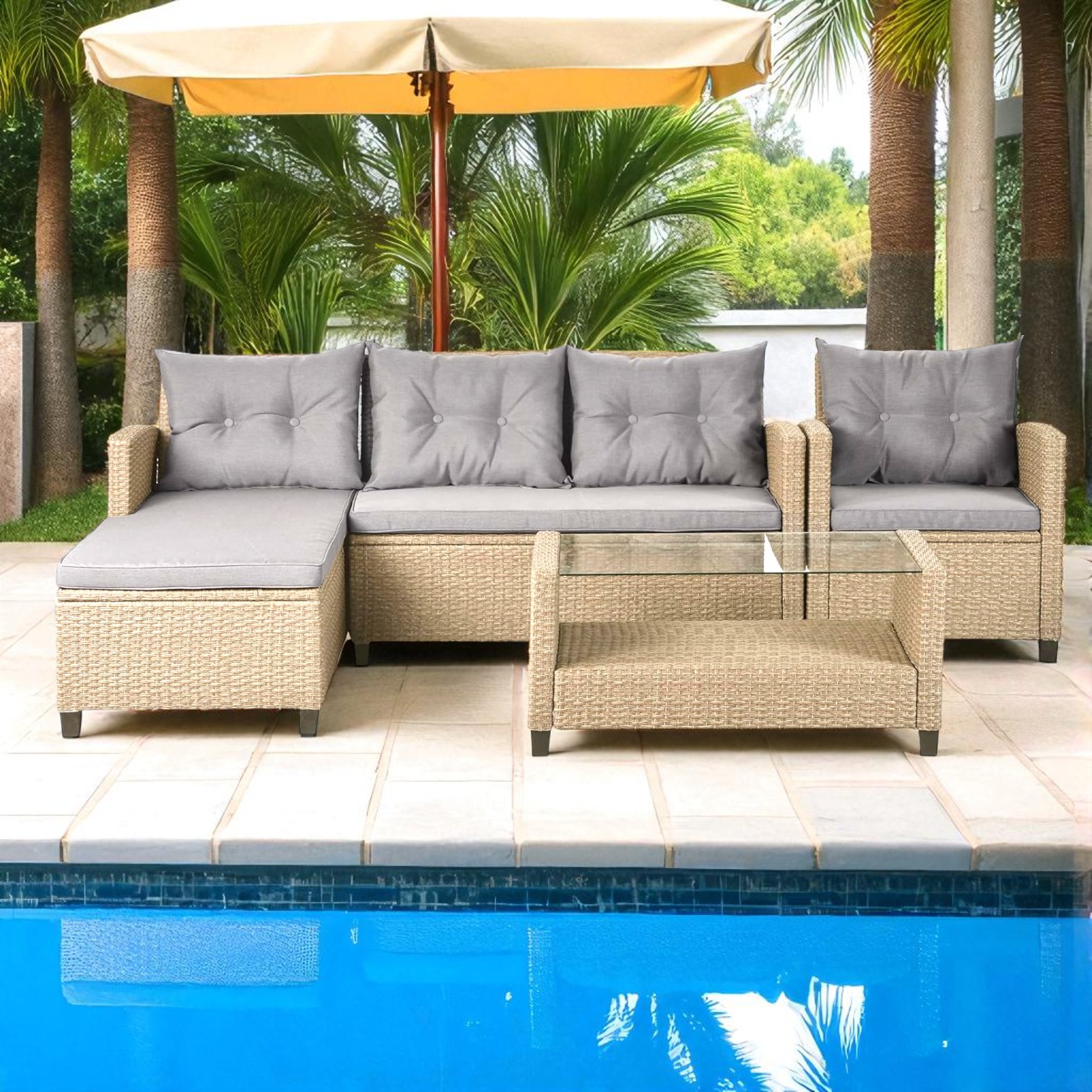 Stainless Steel PE Rattan Outdoor Sofa Set with Glass Coffee Table β 4-Piece Patio Furniture - Image 6