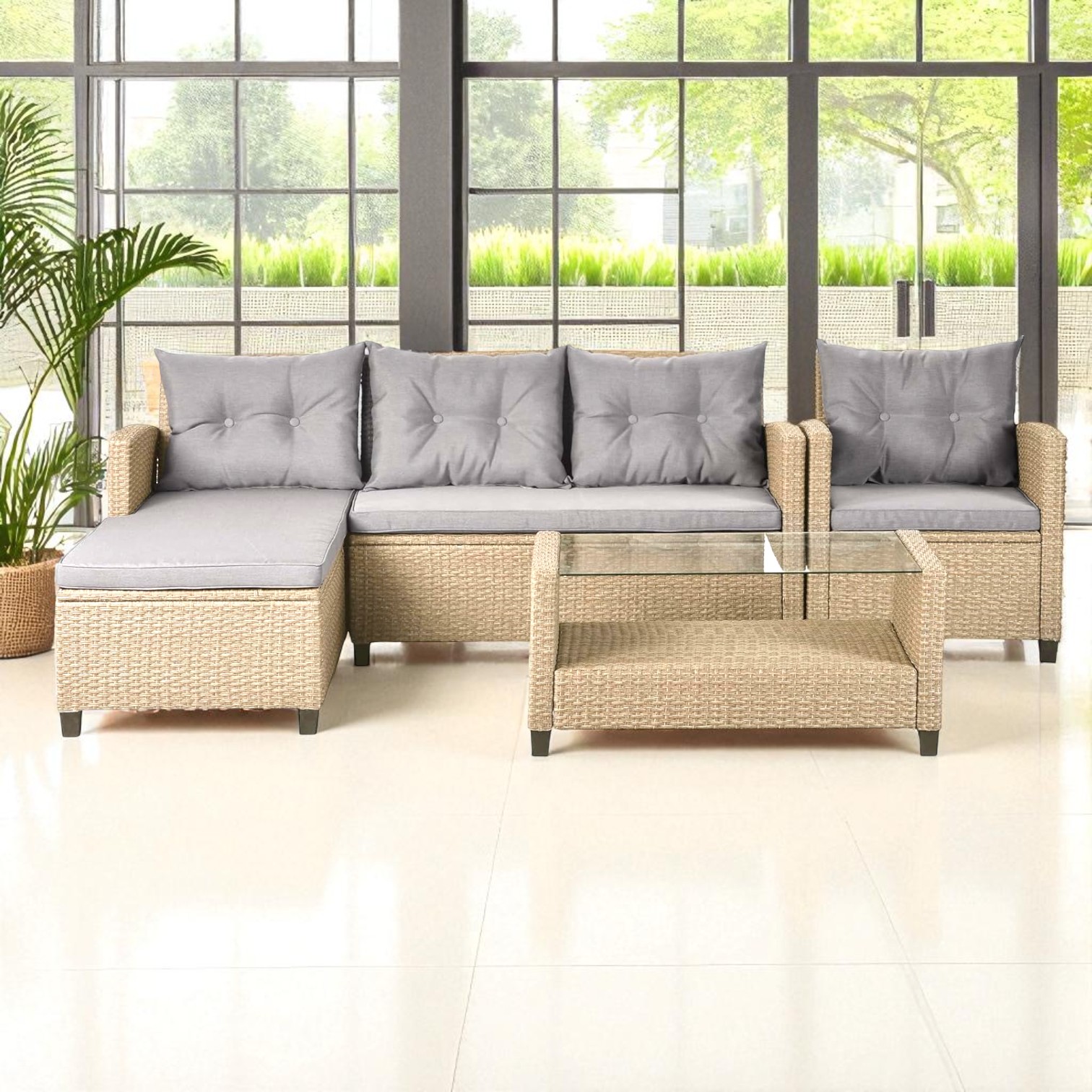 Stainless Steel PE Rattan Outdoor Sofa Set with Glass Coffee Table β 4-Piece Patio Furniture - Image 7