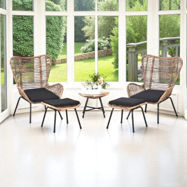 Natural Rope Woven Outdoor Lounge Chair Set with Powder-Coated Stainless Steel Frame and Black Polyester Cushions - Image 5