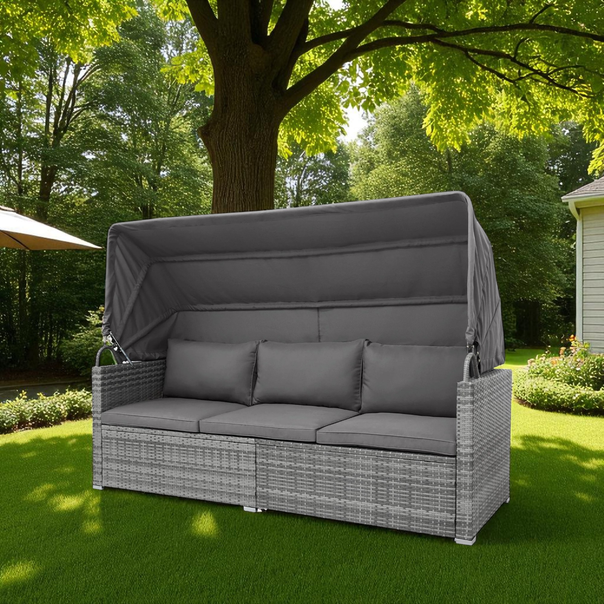 Black Stainless Steel PE Rattan Outdoor Daybed Sofa with Canopy – Modern Patio Furniture - Image 5