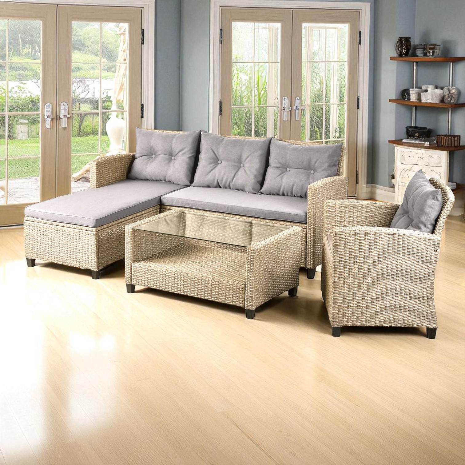 Stainless Steel PE Rattan Outdoor Sofa Set with Glass Coffee Table β 4-Piece Patio Furniture - Image 9