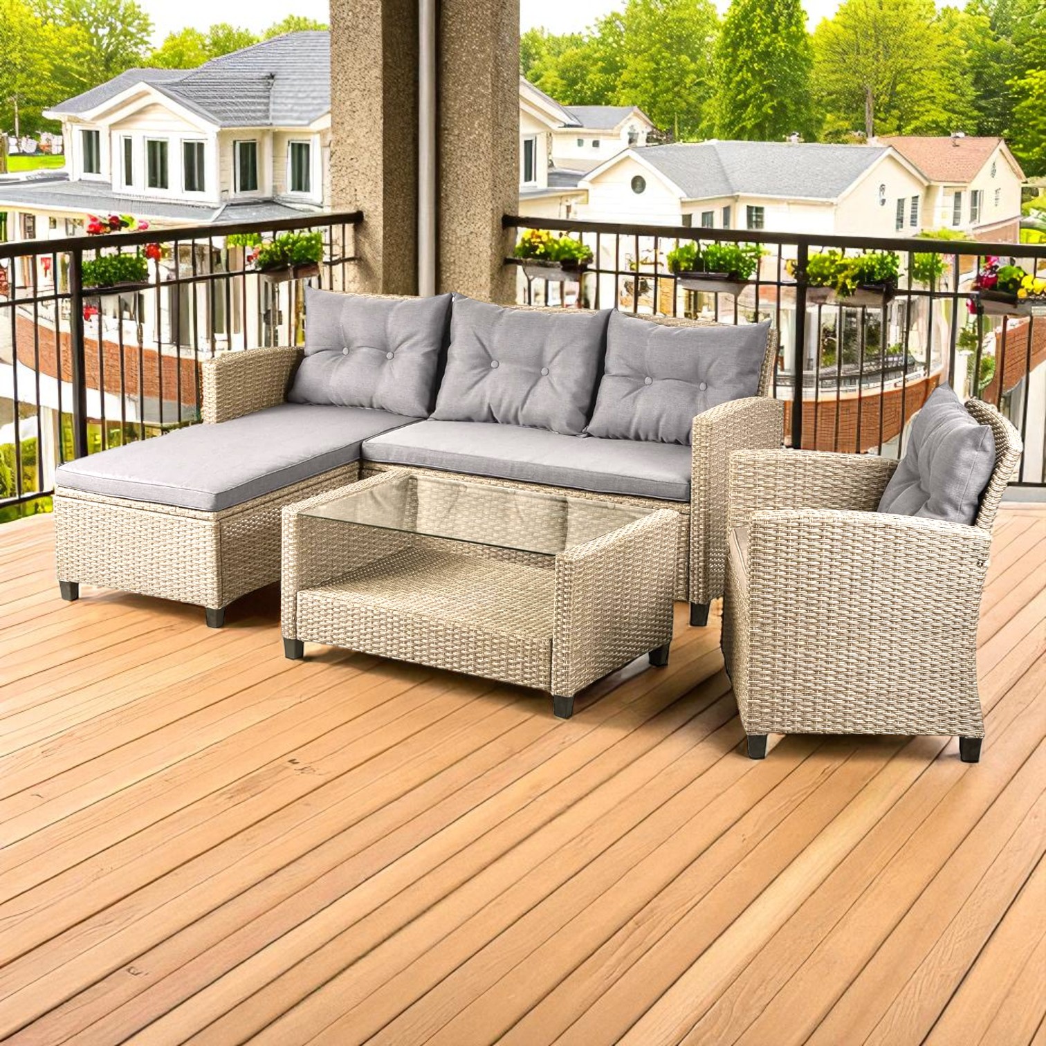 Stainless Steel PE Rattan Outdoor Sofa Set with Glass Coffee Table β 4-Piece Patio Furniture - Image 10