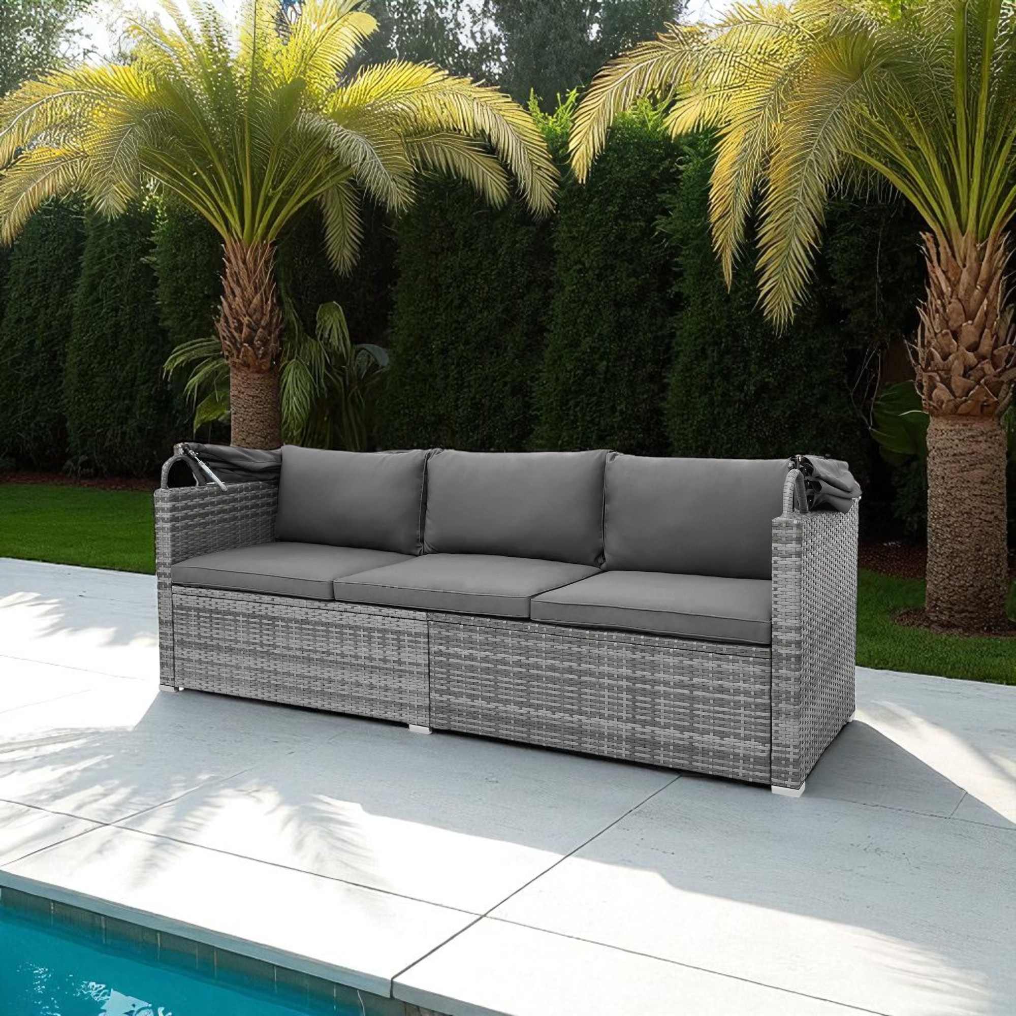 Black Stainless Steel PE Rattan Outdoor Daybed Sofa with Canopy – Modern Patio Furniture - Image 7