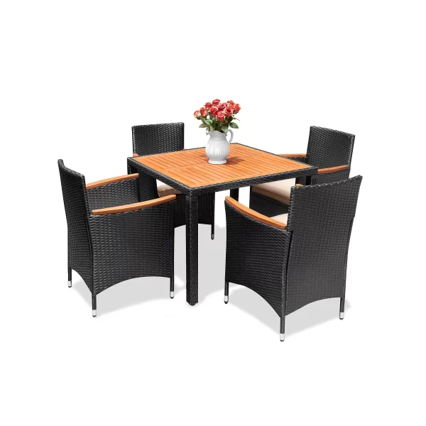 Square dining set with cushions acacia table top poly rattan black