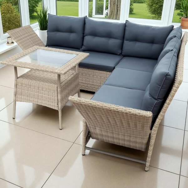Black Stainless Steel PE Rattan Outdoor Corner Sofa Set with Glass Table – Modern Patio Furniture - Image 12