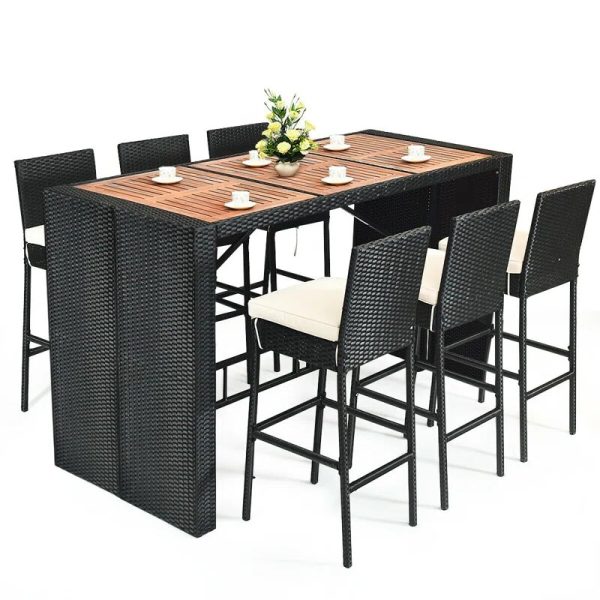 High bar set with cushions acacia table top poly rattan black