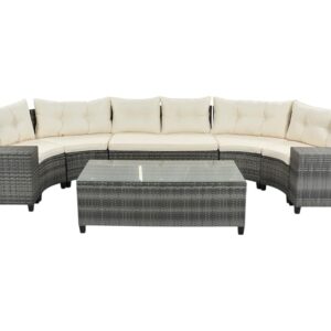 Black Stainless Steel PE Rattan Outdoor Dining Sofa Set with Glass Table – 8-Piece Patio Furniture