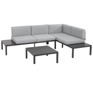 Powder-Coated Stainless Steel Outdoor Sofa Set with Gray Polyester Cushions – Modern L-Shaped Patio Furniture