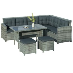 Light Gray PE Rattan Outdoor Dining Sofa Set with Powder-Coated Stainless Steel Frame and Gray Polyester Cushions