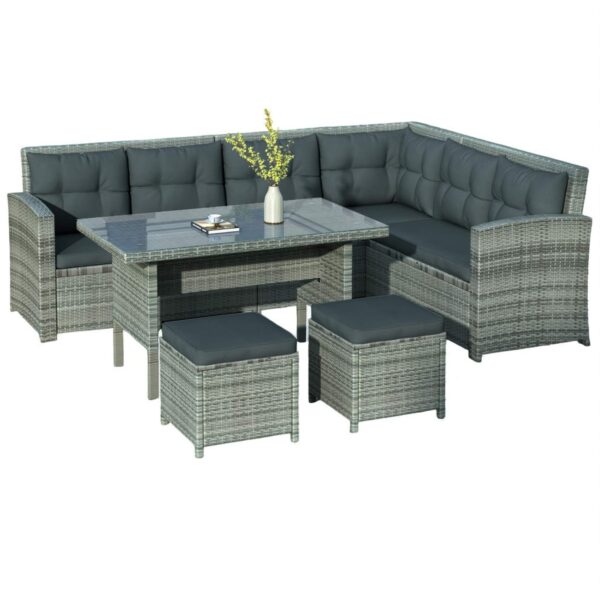 Light Gray PE Rattan Outdoor Dining Sofa Set with Powder-Coated Stainless Steel Frame and Gray Polyester Cushions