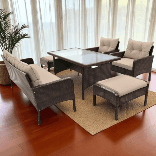 Black Stainless Steel PE Rattan Outdoor Dining Sofa Set with Glass Table – 6-Piece Patio Furniture - Image 10