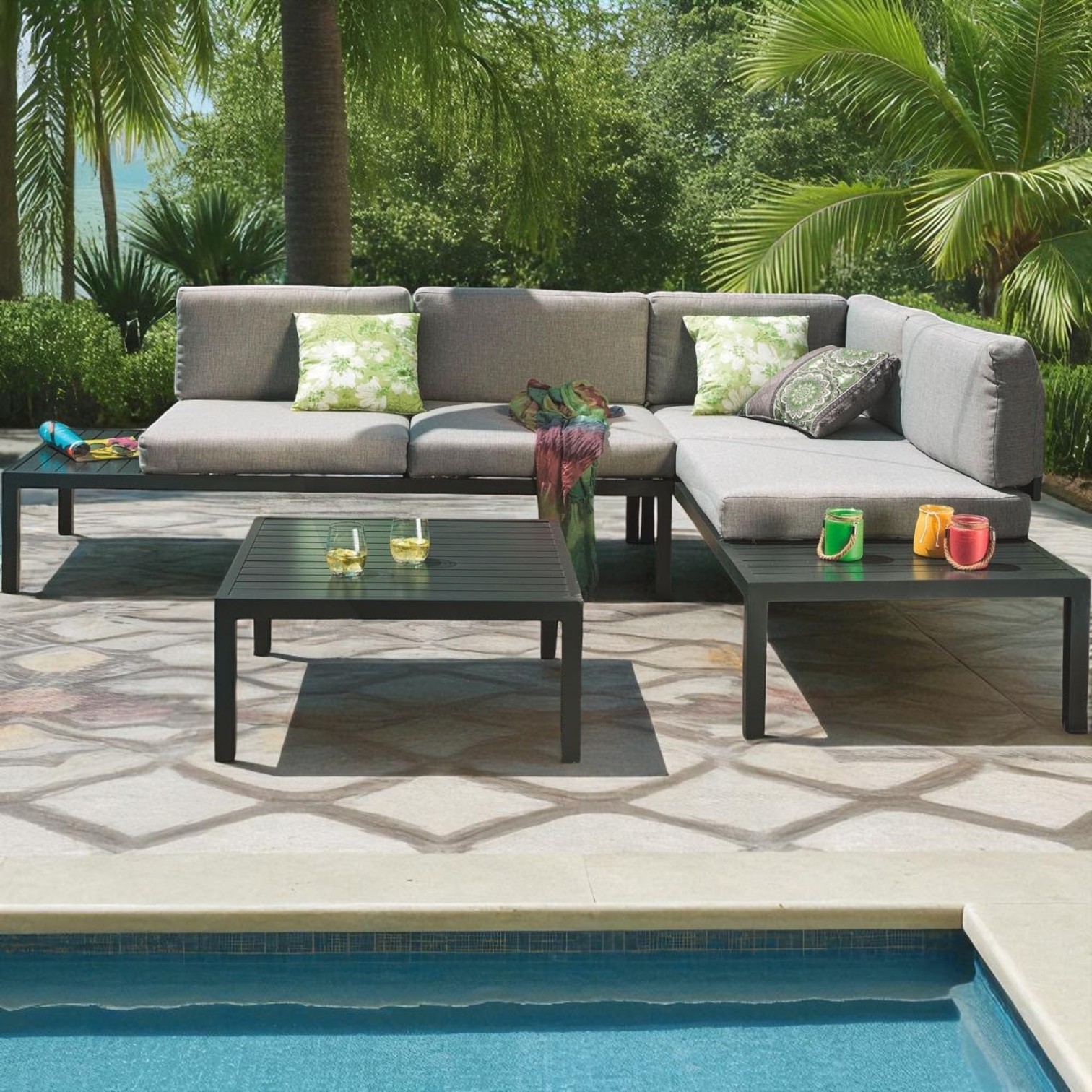 Powder-Coated Stainless Steel Outdoor Sofa Set with Gray Polyester Cushions – Modern L-Shaped Patio Furniture - Image 6