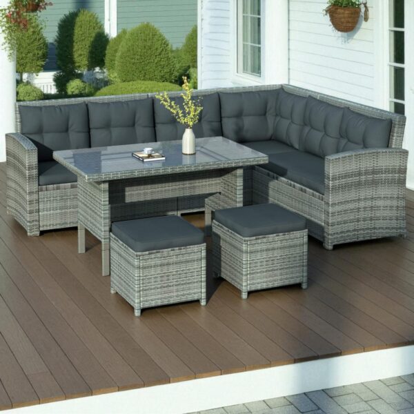 Light Gray PE Rattan Outdoor Dining Sofa Set with Powder-Coated Stainless Steel Frame and Gray Polyester Cushions - Image 2