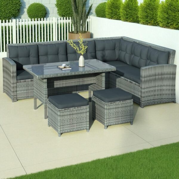 Light Gray PE Rattan Outdoor Dining Sofa Set with Powder-Coated Stainless Steel Frame and Gray Polyester Cushions - Image 4