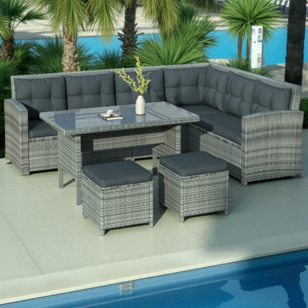 Light Gray PE Rattan Outdoor Dining Sofa Set with Powder-Coated Stainless Steel Frame and Gray Polyester Cushions - Image 5