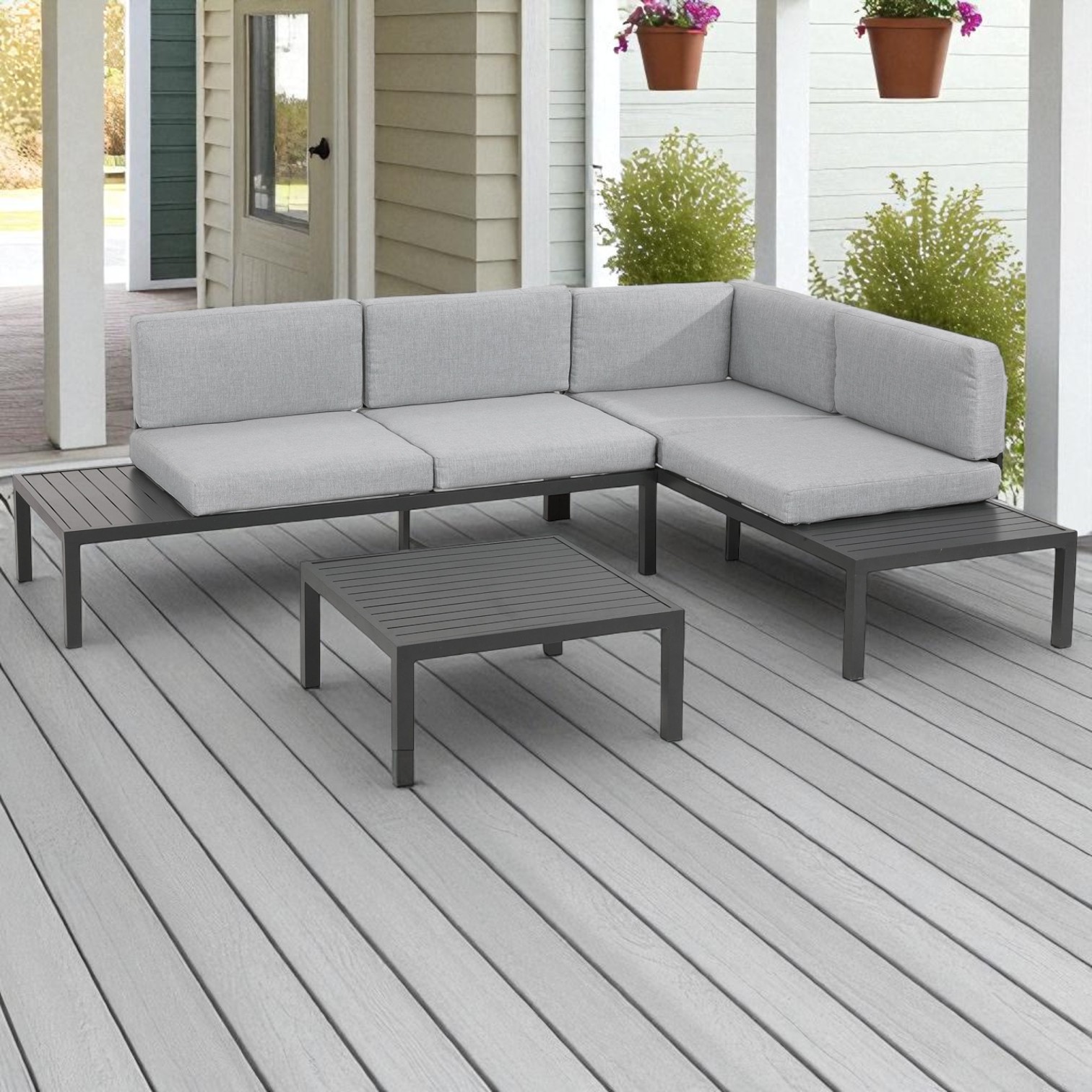 Powder-Coated Stainless Steel Outdoor Sofa Set with Gray Polyester Cushions – Modern L-Shaped Patio Furniture - Image 8