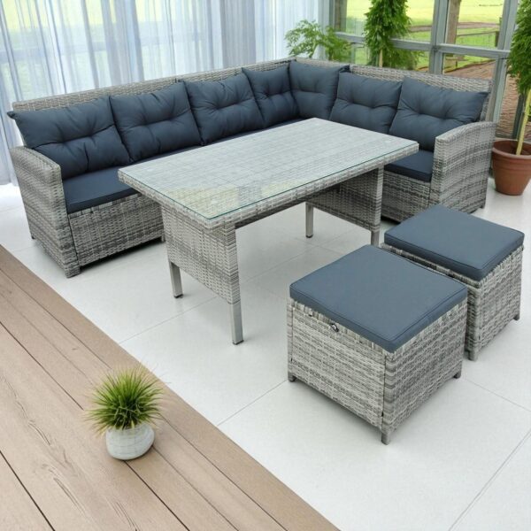 Light Gray PE Rattan Outdoor Dining Sofa Set with Powder-Coated Stainless Steel Frame and Gray Polyester Cushions - Image 6