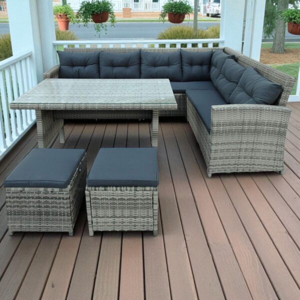 Light Gray PE Rattan Outdoor Dining Sofa Set with Powder-Coated Stainless Steel Frame and Gray Polyester Cushions - Image 3