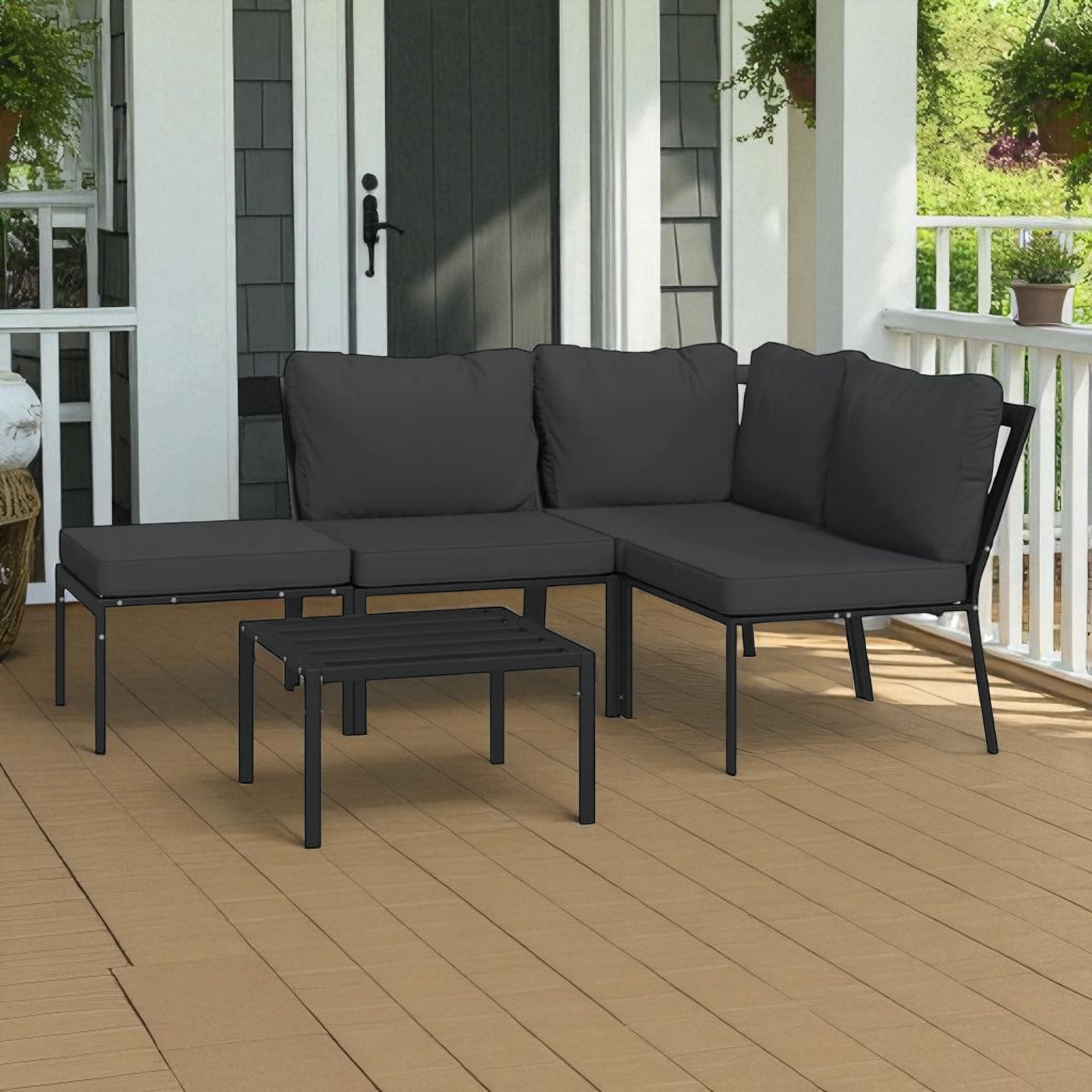 Modern L-Shaped Stain Steel Outdoor Sofa Set with Coffee Table – Black - Image 2