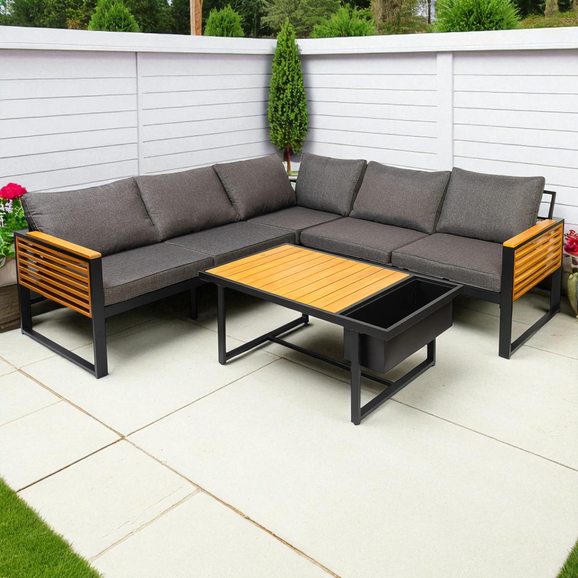 Modern Black Stainless Steel Outdoor Sofa Set with Acacia Wood Tabletop - Image 2