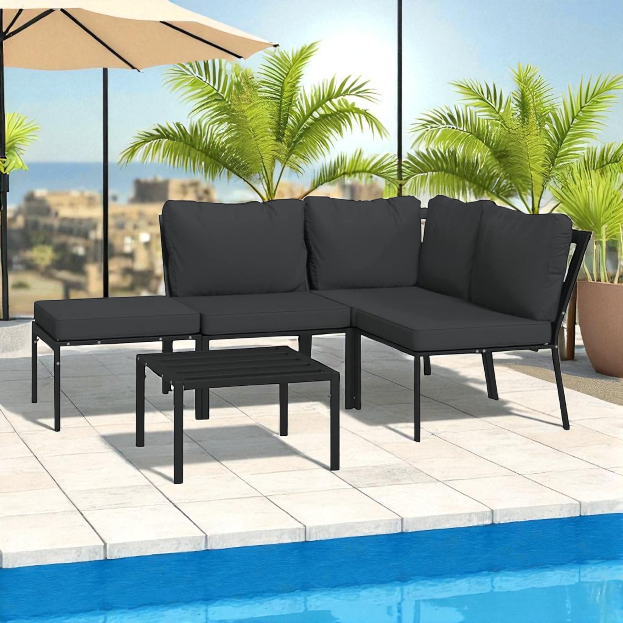 Modern L-Shaped Stain Steel Outdoor Sofa Set with Coffee Table – Black - Image 3