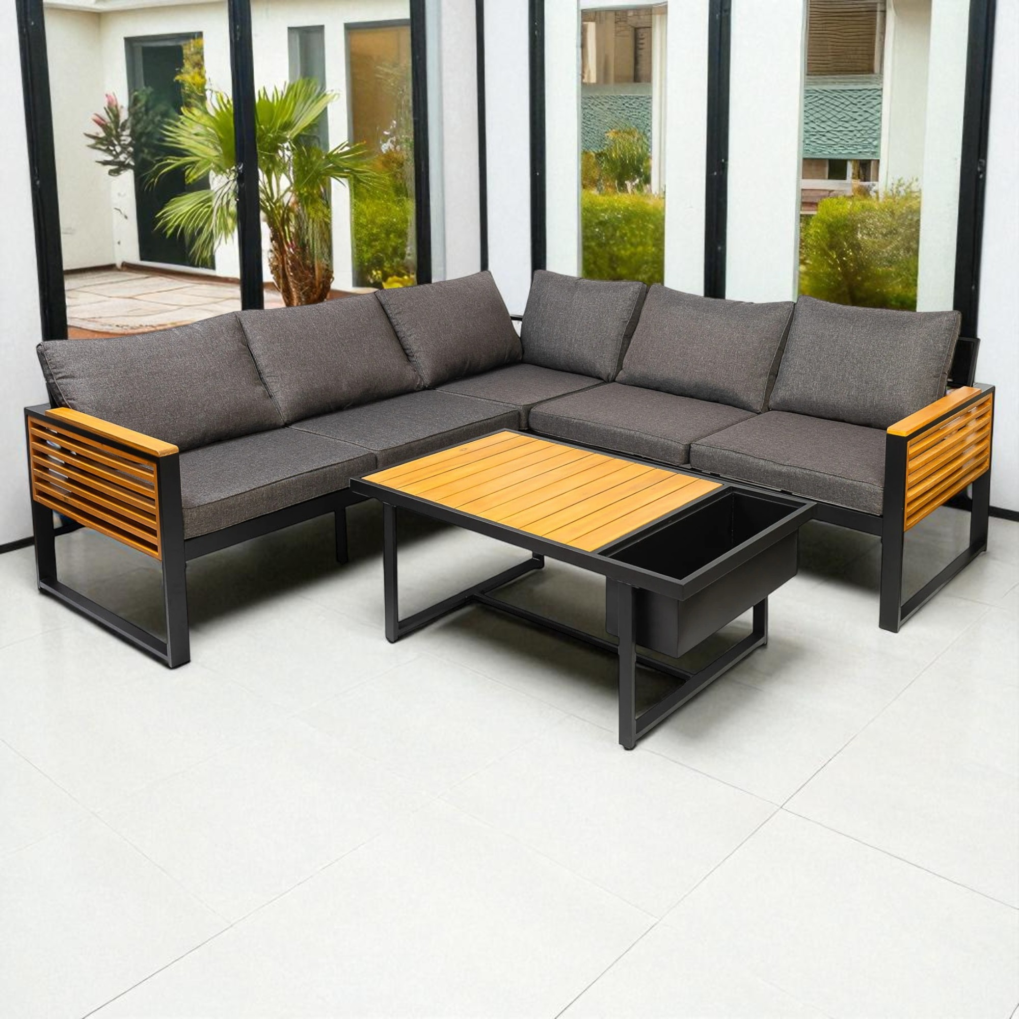 Modern Black Stainless Steel Outdoor Sofa Set with Acacia Wood Tabletop - Image 3