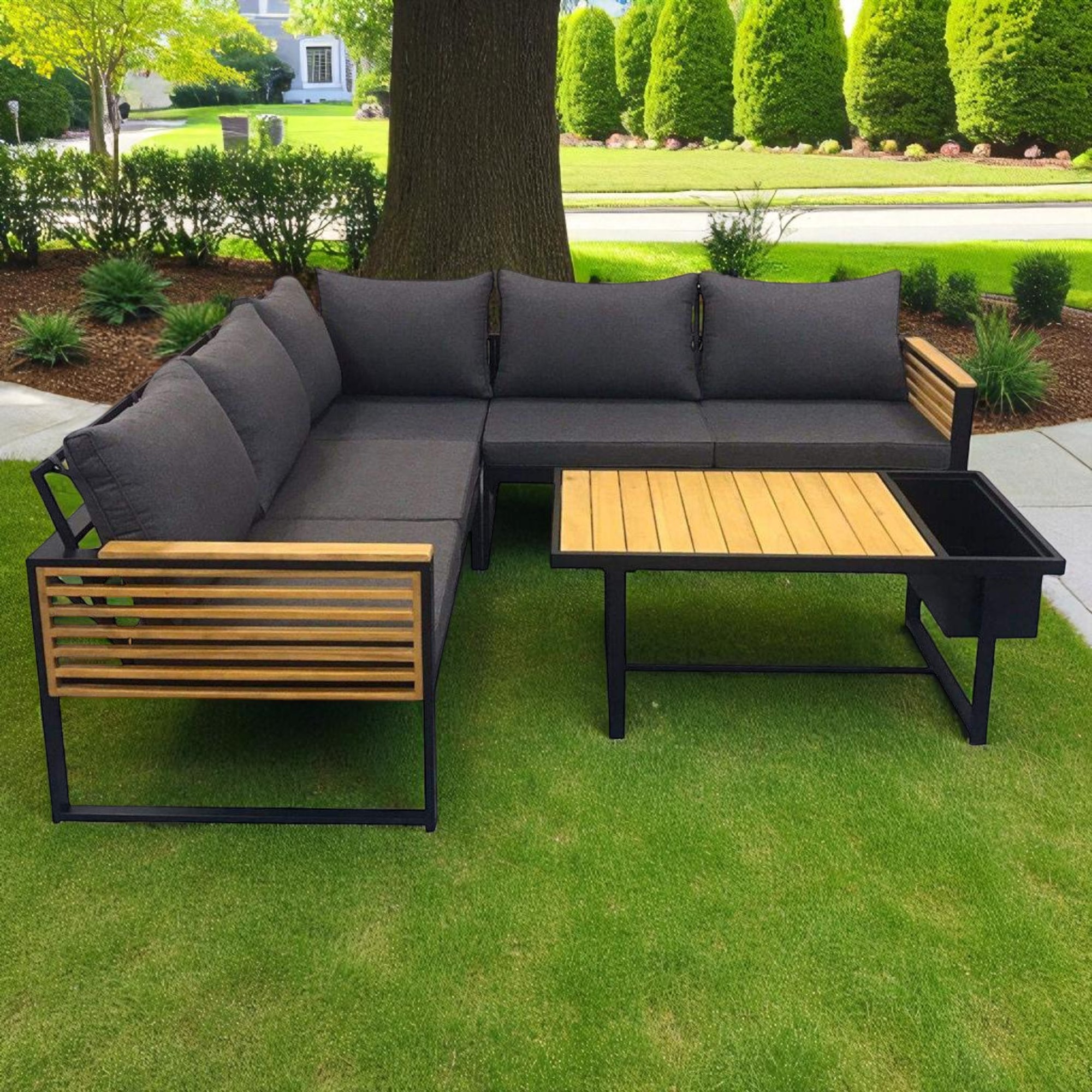 Modern Black Stainless Steel Outdoor Sofa Set with Acacia Wood Tabletop - Image 4