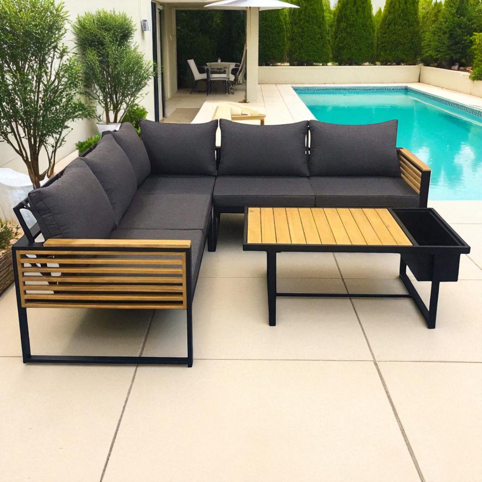 Modern Black Stainless Steel Outdoor Sofa Set with Acacia Wood Tabletop - Image 5