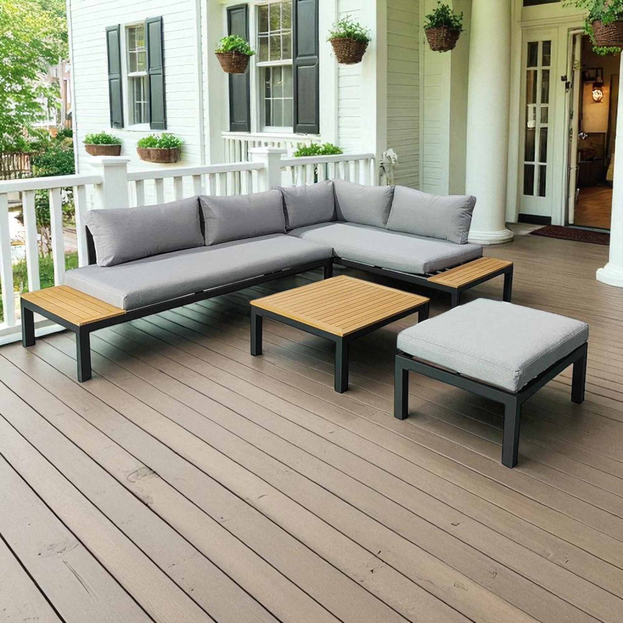 Modern L-Shaped Stain Steel Outdoor Sofa Set with Aciaca Coffee Table β Available in Gray & Black - Image 2