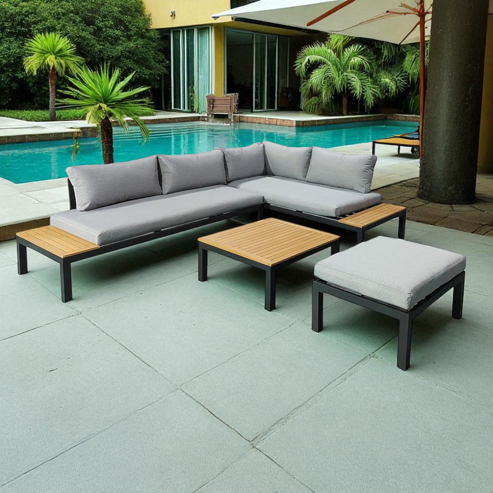 Modern L-Shaped Stain Steel Outdoor Sofa Set with Aciaca Coffee Table β Available in Gray & Black - Image 3