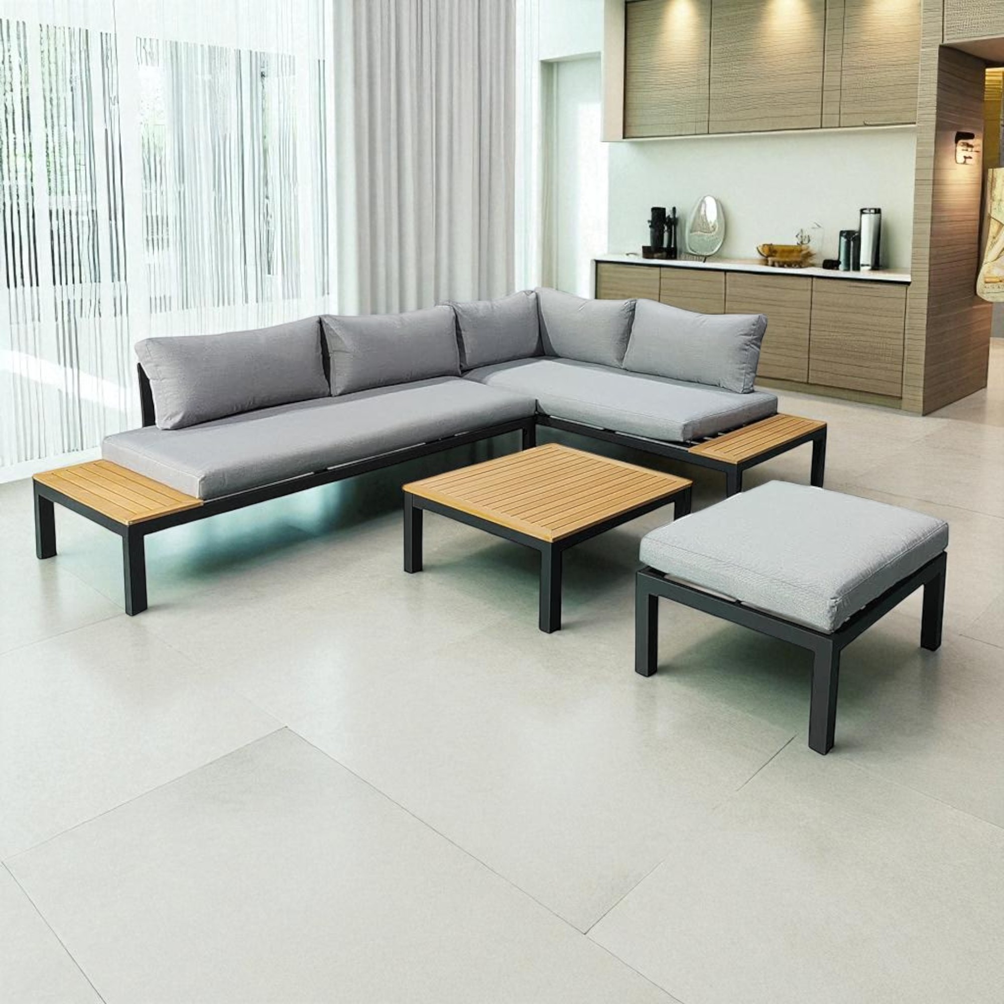 Modern L-Shaped Stain Steel Outdoor Sofa Set with Aciaca Coffee Table β Available in Gray & Black - Image 4