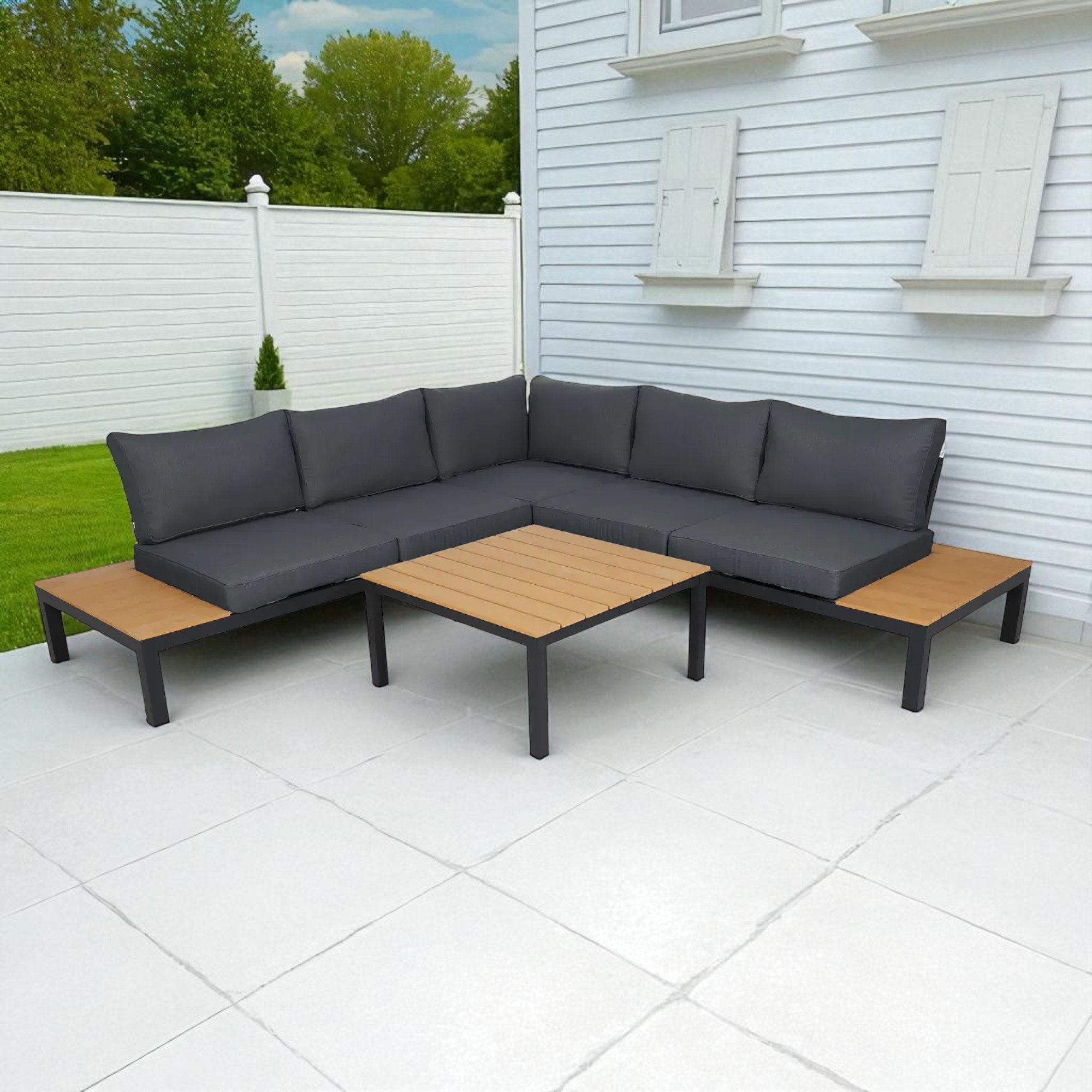 Modern L-Shaped Stain Steel Outdoor Sofa Set with Aciaca Coffee Table β Available in Gray & Black - Image 5